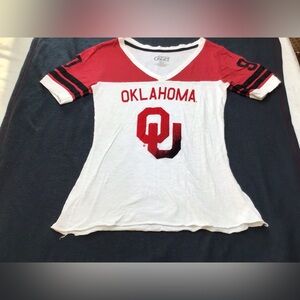 Oklahoma University Women's Red and White V-Neck Tee